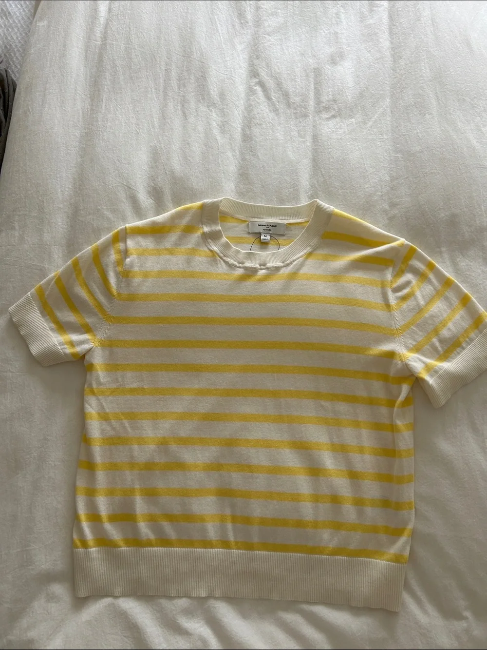 Banana Republic Cream and Yellow Striped Short-Sleeve Crewneck